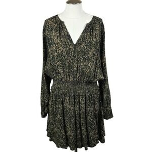 Rails Women's XL Long Sleeve V Neck Smocked Waist Mini Dress Animal Print
